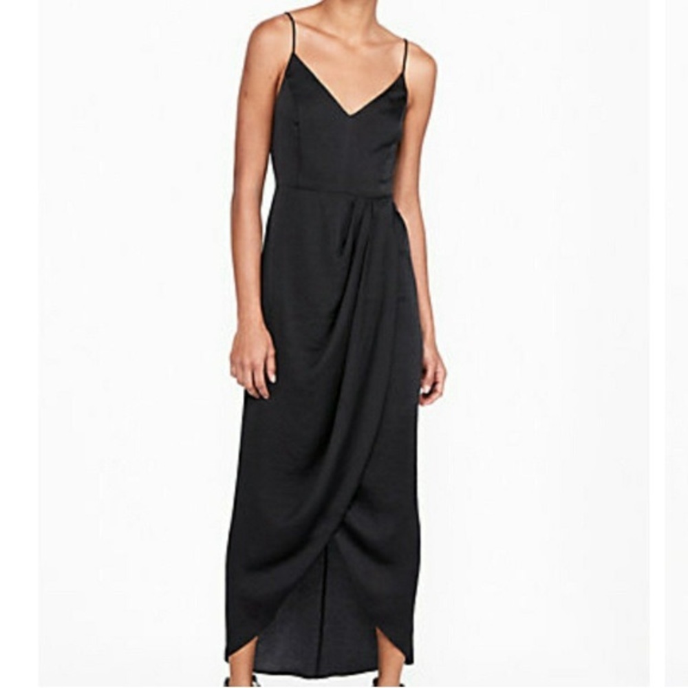 Express Satin Asymmetrical Pleated Maxi Dress in Black